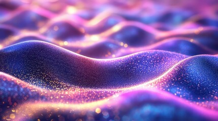 Fototapete - Abstract digital landscape with flowing waves of shimmering particles in vibrant purple and blue hues, creating a mesmerizing visual texture for backgrounds