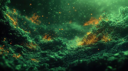 Fototapete - Ethereal Green Landscape with Glowing Particles and Mystic Atmosphere Perfect for Fantasy Themes and Digital Art Projects