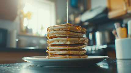 Poster - stack of fluffy pancakes is drizzled with syrup in cozy kitchen setting, creating warm and inviting atmosphere. focus is on pancakes, highlighting their texture and golden syrup