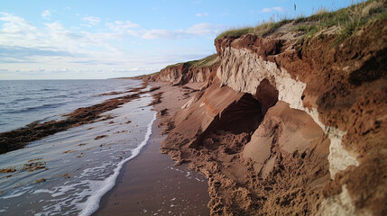 Poster - Eroding coastal cliffs with sandy beach and seaweed at low tide under blue sky