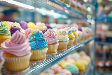 Leinwandbilder - whimsical display of colorful cupcakes with vibrant frosting and sprinkles is showcased on glass shelf, creating delightful and inviting atmosphere in bakery setting