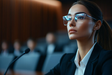 Aufkleber - focused woman in business suit and glasses attentively listens during conference, highlighting professionalism and engagement in corporate setting