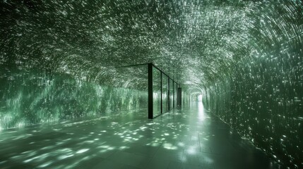 Fototapete - A Stunning Interaction of Light and Reflection in a Green Abstract Space with Sparkling Patterns and a Sense of Depth and Infinity