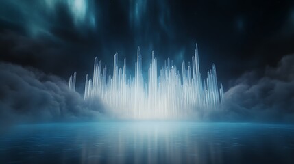 Leinwandbilder - Ethereal waterscape with shimmering lights and misty clouds creating a mystical atmosphere.