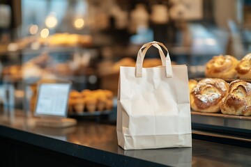 Poster - Brown paper bag displayed prominently on a counter in a bakery filled with an array of mouth-watering pastries inviting customers in : Generative AI