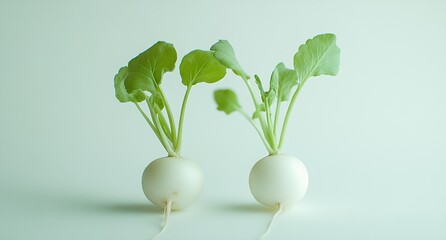 Poster - Two fresh white radishes with vibrant green tops elegantly presented on a minimalistic backdrop : Generative AI