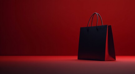 Poster - Stylish black shopping bag set against a vibrant red backdrop creating striking visual contrast : Generative AI