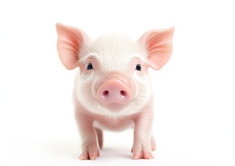 Poster - Cute baby piglet with pink skin looking directly at the camera on a white background : Generative AI