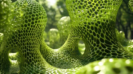 Fototapete - Abstract green organic structures with intricate mesh patterns in a serene natural environment illuminated by dappled sunlight and surrounded by lush greenery