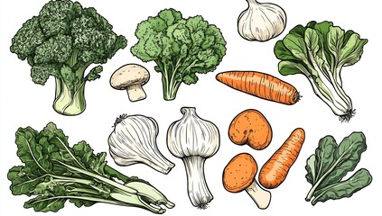 Aufkleber - Diverse array of illustrated fresh vegetables including broccoli, garlic, and carrots in bright colors : Generative AI