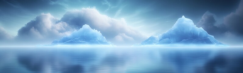 Poster - Serene icy landscape with mountains and calm water reflecting a blue sky.