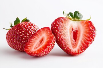Poster - Delicious Fresh Strawberries Featuring One Piece Sliced in Half Showing Juicy Red Flesh and Green Leaves : Generative AI