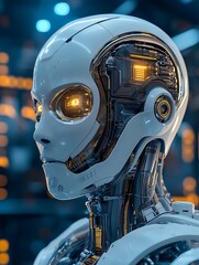 Leinwandbilder - Profile view of a humanoid robot with detailed circuitry and glowing features in a futuristic setting : Generative AI
