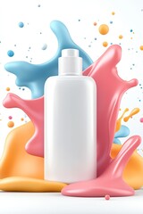 Aufkleber - Stylish white container for skincare surrounded by bright splashes of paint in artistic display : Generative AI