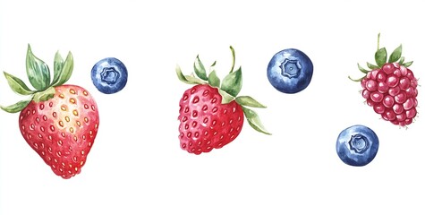 Poster - Charming watercolor rendering of strawberries, blueberries, and raspberries on a clean white backdrop : Generative AI