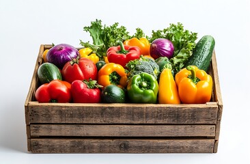 Poster - Vibrant assortment of fresh vegetables in a wooden crate showcasing colorful produce for a healthy diet : Generative AI