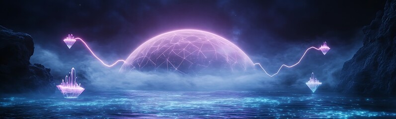 Fototapete - Surreal landscape featuring a glowing dome over a mystical water scene with floating ships and vibrant colors.
