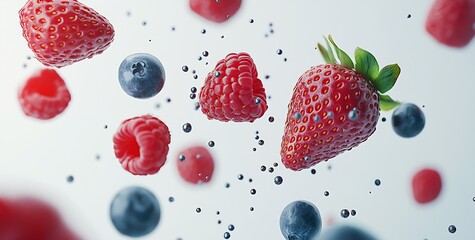 Poster - Appetizing strawberries blueberries and raspberries displayed in a floating motion creating a vibrant background : Generative AI