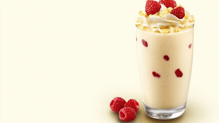 Poster - A bright and refreshing smoothie in a glass, topped with berries, surrounded by empty space for copy placement.