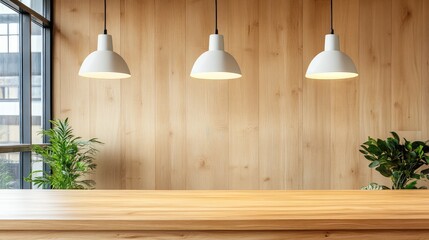 Poster - A bright, modern pendant light hanging from the ceiling above a wooden counter, with open space around it for text or logo.