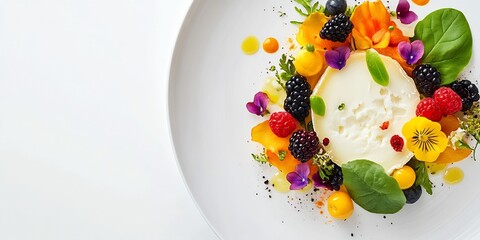 Poster - Gourmet Salad with Blackberries and Edible Flowers on a Modern Plate : Generative AI