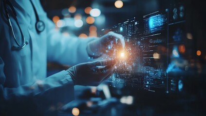 Aufkleber - Healthcare professional manipulating holographic data interface in clinical setting demonstrating modern medical technology : Generative AI