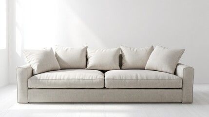 Poster - A modern sofa bed with clean lines and a neutral fabric, placed in a bright, airy room with plenty of empty space.