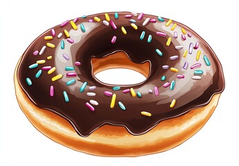 Poster - Artistic illustration of a chocolate donut with vibrant sprinkles on top and a fluffy texture : Generative AI