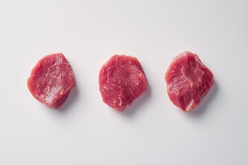 Poster - Three uniform pieces of fresh raw beef displayed on a white background emphasizing their rich color and texture : Generative AI