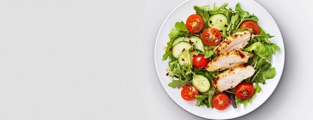 Poster - Fresh and Healthy Salad with Grilled Chicken Slices and Cherry Tomatoes on a White Plate : Generative AI