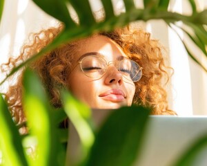 Leinwandbilder - GardenCore Wellness Mindful Remote Work Aesthetic with Soft Sunlight and Curly-Haired Professional in Tranquil Home Office Sanctuary
