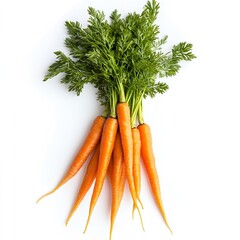 Poster - Bunch of fresh carrots with green tops arranged aesthetically on a clean white background : Generative AI