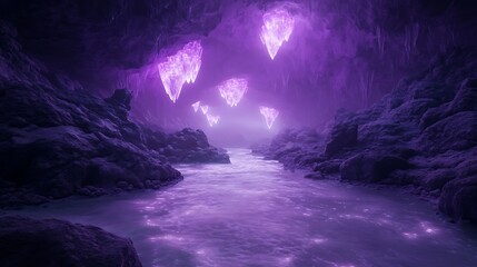 Fototapete - Mysterious cave with glowing purple crystals above a tranquil water surface.