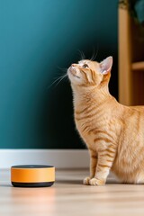 Fototapete - Smart Pet Innovation Minimalist AI-Driven Interactive Cat Companion Device Redefining Modern Home Technology and Feline Enrichment Experiences