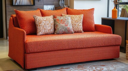 Poster - A sofa bed with pillows neatly arranged, in a bright living room with lots of empty space for overlay text.