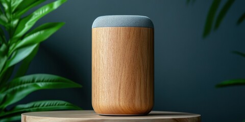 Aufkleber - Minimalist Smart Home Revolution Wooden Voice-Activated Smart Speaker with Blue Ambient Lighting - Elegant Tech Integration for Modern Living Spaces