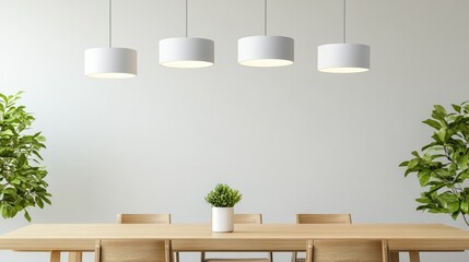 Poster - Elegant ceiling pendant lights suspended over a wooden dining table, with a neutral background offering lots of space for text.