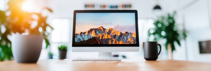Aufkleber - Minimalist Digital Workspace High-Performance 4K Monitor with Scenic Mountain Landscape, Curated Home Office Design for Creative Professionals and Remote Productivity