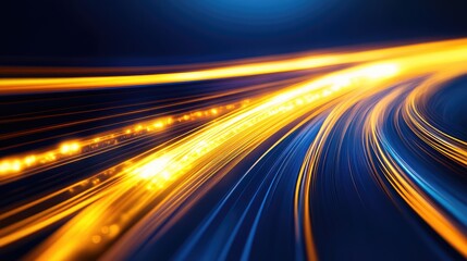 Poster - Golden light trails smoothly curving through a deep blue gradient background, creating an elegant and modern visual. Copy space included.