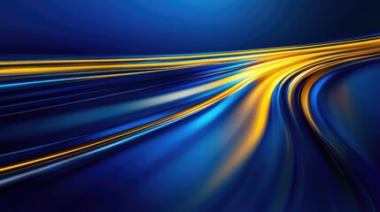 Poster - Golden light trails smoothly curving through a deep blue gradient background, creating an elegant and modern visual. Copy space included.