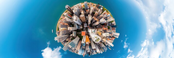 Poster - Futuristic Urban Ecosystem Spherical Aerial 360 Cityscape Revealing Sustainable Density, Innovative Infrastructure, and Global Metropolis Design Dynamics