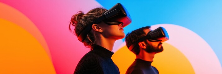Fototapete - Immersive Tech Evolution Diverse Professionals Exploring Next-Gen Virtual Reality Experiences in Vibrant Mixed-Reality Workplace Innovation