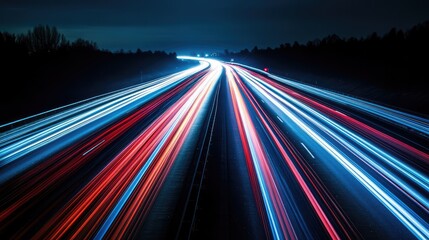 Poster - Long exposure shot of vibrant red and white light trails from passing vehicles on a busy highway at night. Dynamic and futuristic motion effect with ample copy space.