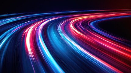 Poster - Red and blue light trails twisting together in an abstract form, creating a futuristic high-speed effect. Ample copy space.