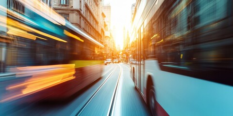 Poster - Dynamic Urban Mobility Revolution Cinematic Blur of Electric Transit Showcasing Smart City Innovation, Sustainable Transportation Transformation in Golden Hour Lens