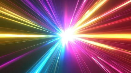 Poster - Vibrant multicolored light rays converging towards the center, dynamic futuristic effect with a sleek modern look.