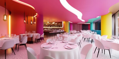 Poster - Immersive Color-Block Fine Dining Avant-Garde Restaurant Design Showcasing Millennial Pink Aesthetic, Sculptural Lighting and Experiential Culinary Spaces