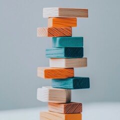 Aufkleber - Minimalist Risk Management Balanced Investment Strategy Visualized Through Architectural Wooden Block Composition - Innovative Financial Planning Metaphor