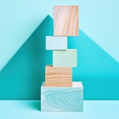 Aufkleber - Minimalist Investment Strategy Balanced Wood Block Tower Visualizing Adaptive Financial Planning in Pastel Geometric Composition for Modern Wealth Management