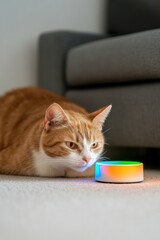 Poster - Futuristic Pet Interaction AI-Powered Smart Companion Toy Illuminates Modern Living Space with Soft Chromatic Glow - Next-Gen Animal Tech Experience